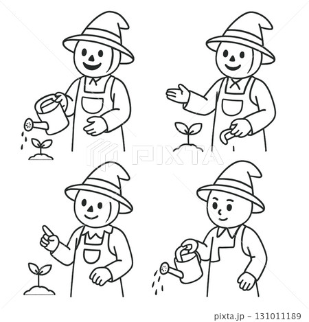 Coloring book coloring page transparency happy scarecrow watering plant 131011189