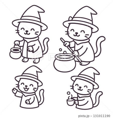 Coloring book page featuring cute cat in witch hat with transparency for creative coloring 131011190
