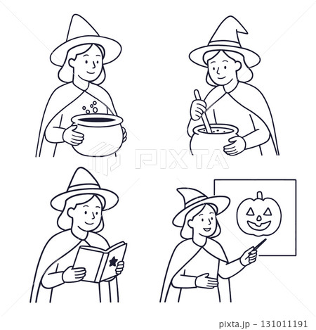 Coloring book coloring page featuring witch with transperency effect in various activities 131011191