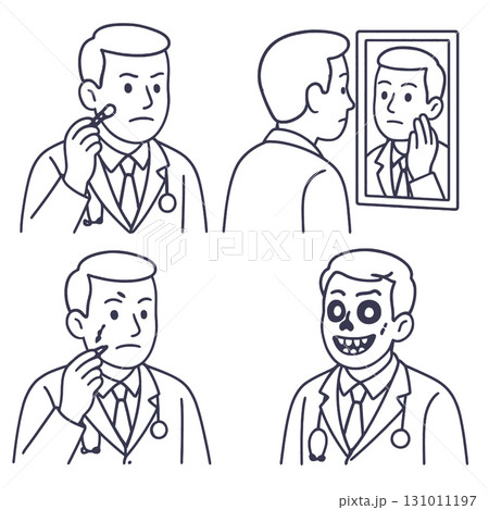 Doctor mirror reflection face skeleton cartoon line art emotion transformation 131011197