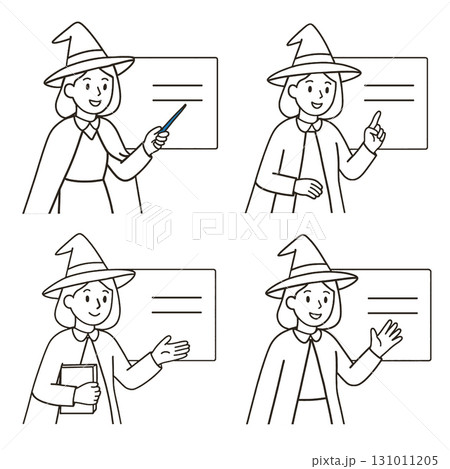 Coloring book page featuring witch teacher with transparency effect and various gestures 131011205