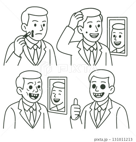 Man applying makeup, checking hair, smiling in mirror, giving thumbs up, feeling confident 131011213