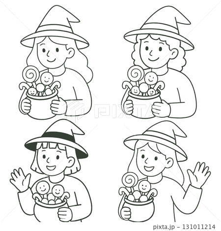 Coloring book coloring page transparency witch girl holding candy happy Halloween 131011214