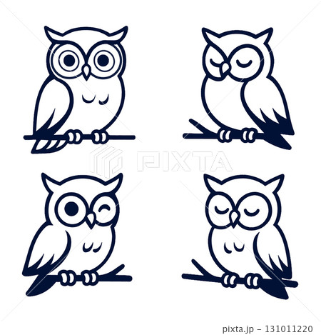 Coloring book page featuring four cute owl illustrations with transparency for creative coloring 131011220