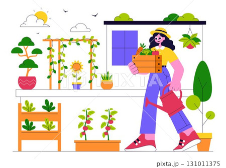Urban Farming Rooftop Garden Vector Illustration Featuring Eco Agriculture Gardening on the Roof with Growing Plants and Cultivation of Nature 131011375
