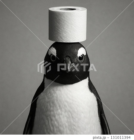 Penguin wearing a chef hat with a tissue roll placed humorously on top in black and white photography. 131011394