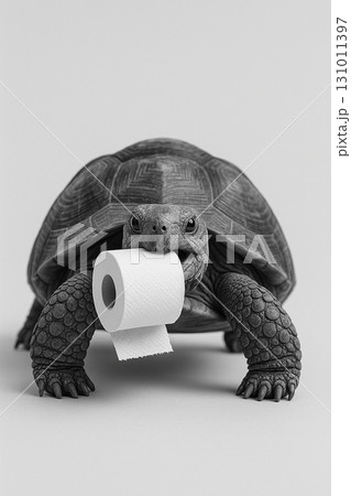 Turtle carrying a tissue roll balanced on its shell in a black and white creative capture. Turtle carrying a tissue roll balanced on its shell in a black and white creative capture. 131011397