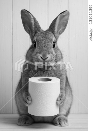 Rabbit holding a large tissue roll in its paws while sitting upright in black and white. 131011399