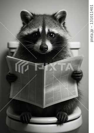 Raccoon holding a newspaper and sitting on toilet bowl. Raccoon holding a newspaper and sitting on toilet bowl. 131011401