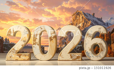 朝日が輝く山の背景と2026の文字　生成AIイラスト 131011926