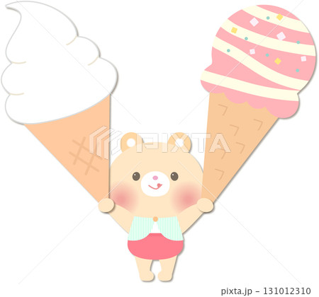 夏_大きなアイスクリームとソフトクリームを持つかわいいくまのイラスト 131012310
