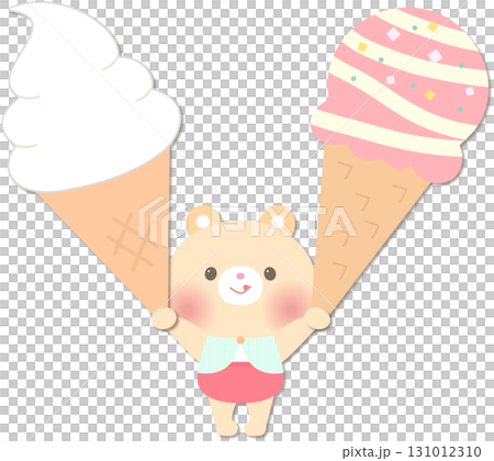 Summer_Illustration of a cute bear holding a big ice cream and soft serve ice cream Summer_Illustration of a cute bear holding a big ice cream and soft serve ice cream 131012310