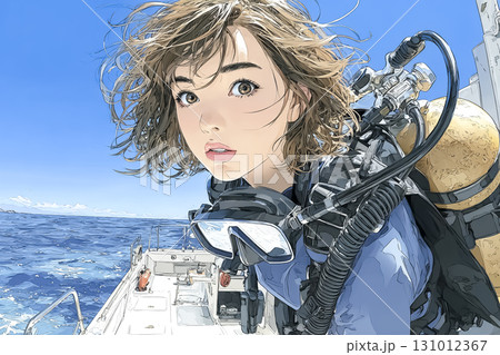 美優シリーズ：次のダイビングポイントに向かうボートから海を眺める女性ダイバー 131012367