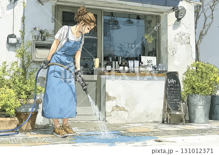美容院スタッフがホースで歩道を水洗いするシーン 131012371