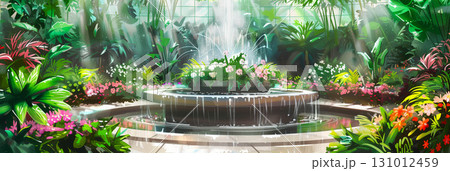 Serene garden with a central fountain, surrounded by lush greenery , Watercolor painting banner. 131012459