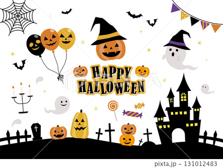 かぼちゃやおばけや蝙蝠やお城のかわいいハロウィンイラストセット 131012483