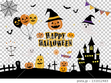 かぼちゃやおばけや蝙蝠やお城のかわいいハロウィンイラストセット 131012483