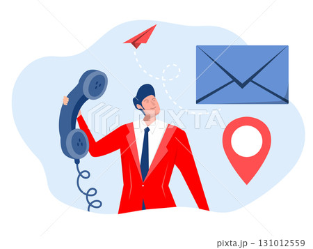 Businessman with telephone, email and location pin Business Communication Concept Contact us via email, phone or office location,Flat Style Businessman with telephone, email and location pin Business Communication Concept Contact us via email, phone or office location,Flat Style 131012559