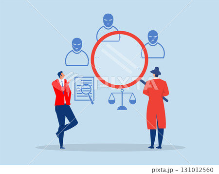 curiosity guy detective holding huge magnifying glass and thinking about evidence and result.Search, discover, analyze report , curiosity guy detective vector 131012560