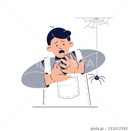Fear of Spiders, Arachnophobia concept. Scared Kid Character is afraid of spider. Phobias, Childhood Irrational Fears, Anxiety Disorder Fear of Spiders, Arachnophobia concept. Scared Kid Character is afraid of spider. Phobias, Childhood Irrational Fears, Anxiety Disorder 131012593