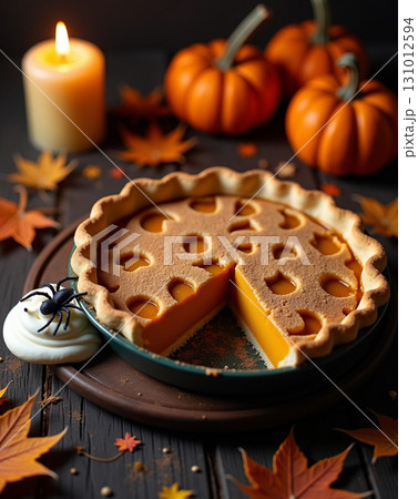 Festive Still Life Pumpkin Pie with Candle and Autumn Leaves Decoration Festive Still Life Pumpkin Pie with Candle and Autumn Leaves Decoration 131012594