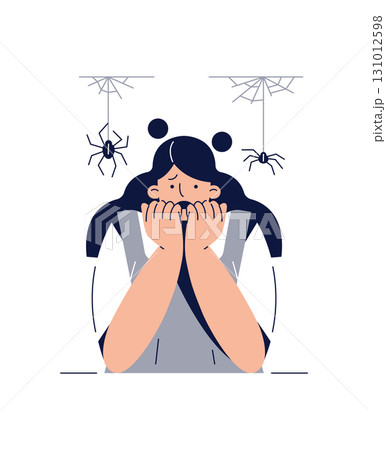 Fear of Spiders, Arachnophobia vector illustration. Screaming Frightened woman character with Phobia Afraid Spider, Covers Face With Hands 131012598