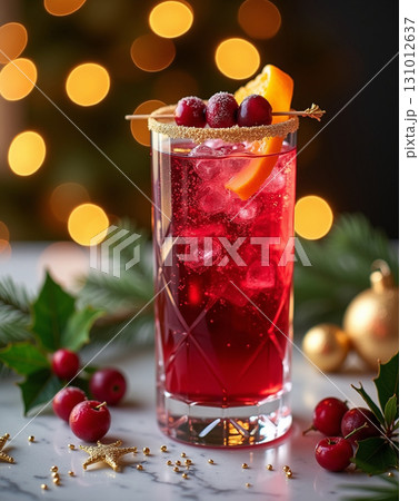 Festive Holiday Drink Garnished with Cranberries and Orange Slice for Celebration 131012637