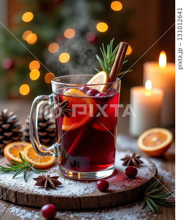 A steaming glass of mulled wine with orange slices, cranberries, cinnamon and star anise on a snowy wooden board, surrounded by pine cones and candles, creating a warm festive holiday scene. 131012641
