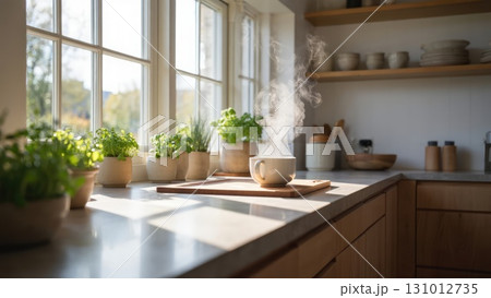 Bright modern kitchen with houseplants, sunlight, and cozy wooden details. Ideal for lifestyle or interior projects. Raster. Generative AI. 131012735
