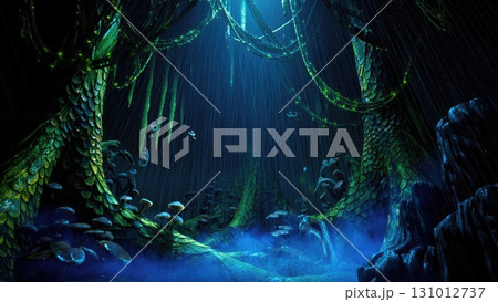 Enchanted dark jungle with glowing plants and misty atmosphere. Fantasy forest scene with bioluminescent vegetation. Raster. Generative AI. 131012737