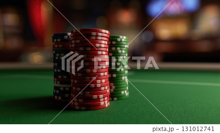 Stack of casino poker chips on green table with blurred background, gambling vertical smartphone wallpaper. Generative AI. Stack of casino poker chips on green table with blurred background, gambling vertical smartphone wallpaper. Generative AI. 131012741