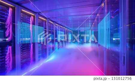 Futuristic neon server room with glowing racks and colorful cyber light corridor, vertical smartphone wallpaper. Generative AI. 131012756