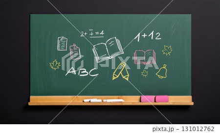 Green school chalkboard with chalk drawings of math, letters, and doodles on dark classroom background. Vertical wallpaper. Generative AI. Green school chalkboard with chalk drawings of math, letters, and doodles on dark classroom background. Vertical wallpaper. Generative AI. 131012762