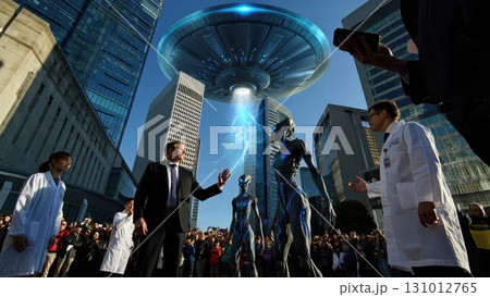 Futuristic city square with UFO hovering and people observing, sci-fi vertical smartphone wallpaper. Generative AI. 131012765