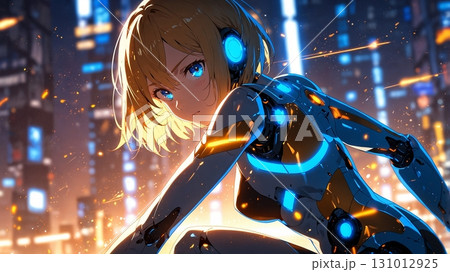 青い光を放つサイボーグ少女が、未来都市を背景に鋭い視線を向けるサイバーパンク風イラスト 青い光を放つサイボーグ少女が、未来都市を背景に鋭い視線を向けるサイバーパンク風イラスト 131012925