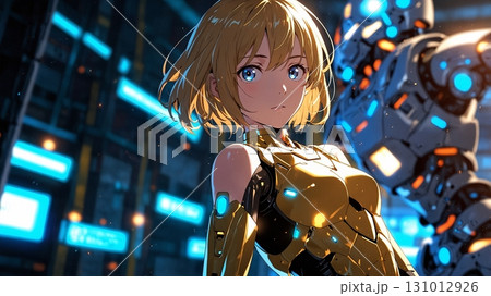青い光を放つサイボーグ少女が、未来都市を背景に鋭い視線を向けるサイバーパンク風イラスト 青い光を放つサイボーグ少女が、未来都市を背景に鋭い視線を向けるサイバーパンク風イラスト 131012926