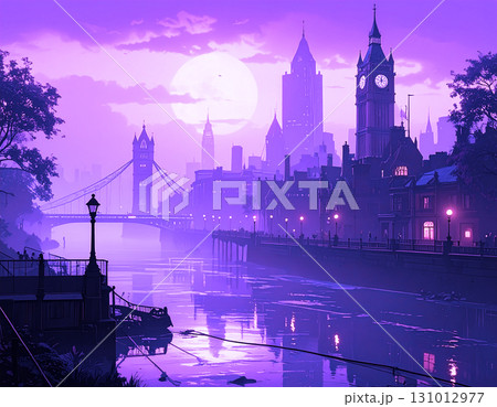 紫の月夜に浮かぶレトロな街並みが霧に包まれ幻想的な風景 131012977