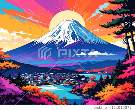 日の出を背に雄大にそびえる富士山とカラフルな日本のポップな秋のイラスト 131013073