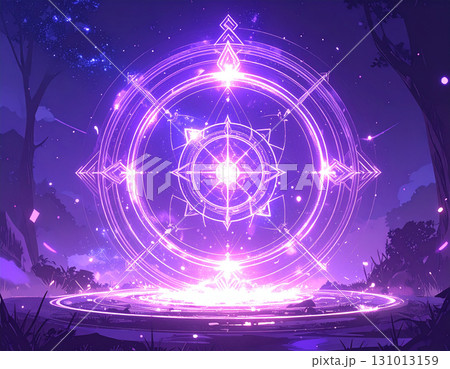 森の奥で紫に光り輝く魔法陣と星々が降り注ぐ神秘の夜 131013159