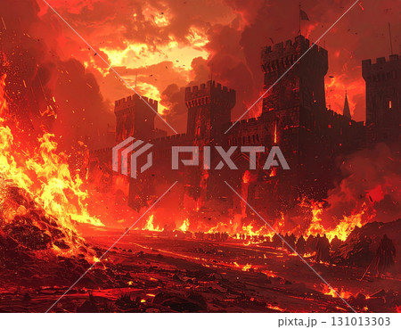 炎に包まれた中世の城や城壁が終末を告げる煉獄の光景 131013303