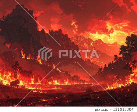 炎に包まれた中世の城や城壁が終末を告げる煉獄の光景 131013304