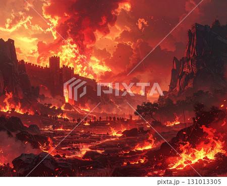 炎に包まれた中世の城や城壁が終末を告げる煉獄の光景 131013305