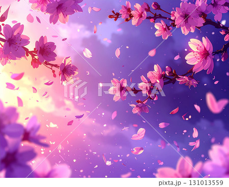 桜舞う夕暮れ時の花びらが彩る幻想的な紫色の和の風景 桜舞う夕暮れ時の花びらが彩る幻想的な紫色の和の風景 131013559