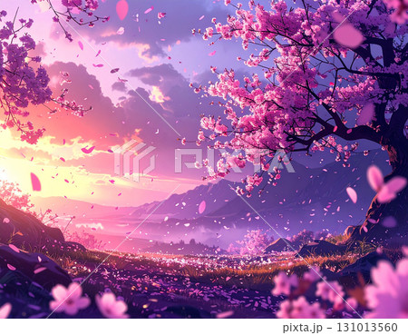 桜舞う夕暮れ時の花びらが彩る幻想的な紫色の和の風景 131013560