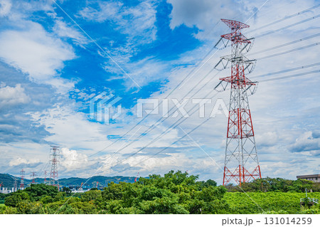 淀川の河川敷に立つ鉄塔　大阪府枚方市 131014259