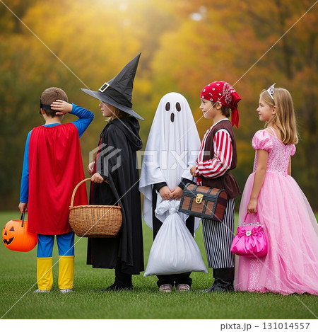 コスチュームでお出かけする子どもたち 131014557