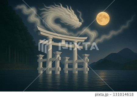 白い鳥居と雲の龍、満月の夜 / White Torii & Cloud Dragon in Moon 131014618
