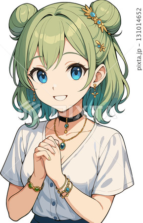 お団子ヘアの緑髪美少女のイラスト 131014652