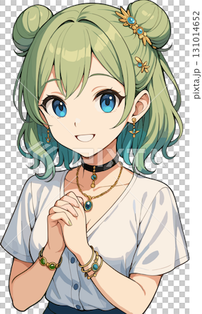 一個有著綠色頭髮和髮髻的漂亮女孩的插圖 131014652