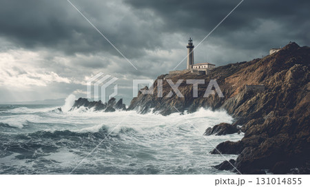 Old lighthouse on rocky coast with stormy waves and dramatic sky, sense of isolation and power Old lighthouse on rocky coast with stormy waves and dramatic sky, sense of isolation and power 131014855